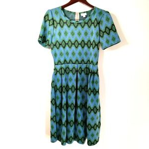 Lularoe Aztec Blue Green Dress L Artsy Pleated Flare Festival Minimalist Western